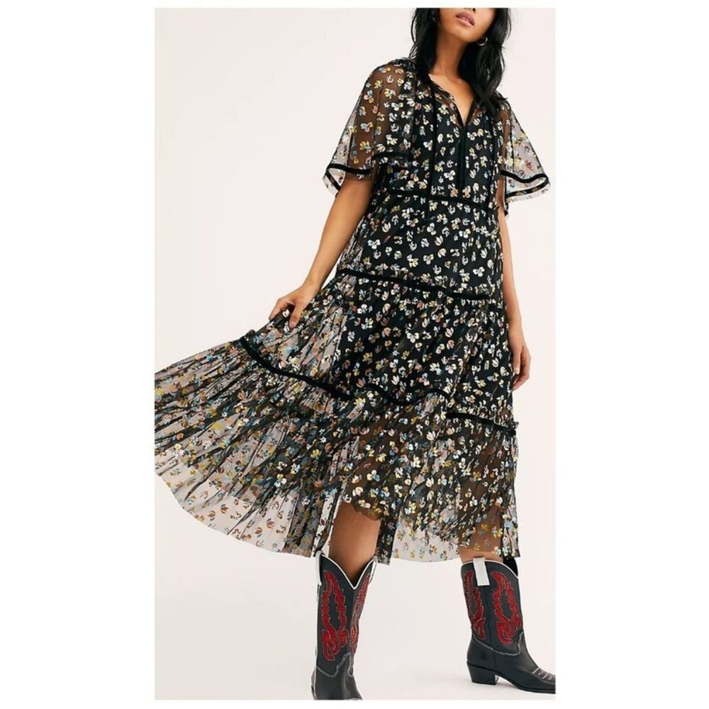 Free People Practical Magic Midi Dress Black Floral Mesh Sheer Size L - Picture 1 of 8